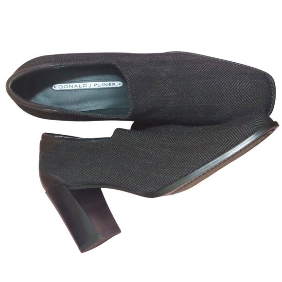Donald J Pliner Womens 8.5M Brown Herringbone 3 Inch Heeled Loafers~Dark Brown - Picture 2 of 8